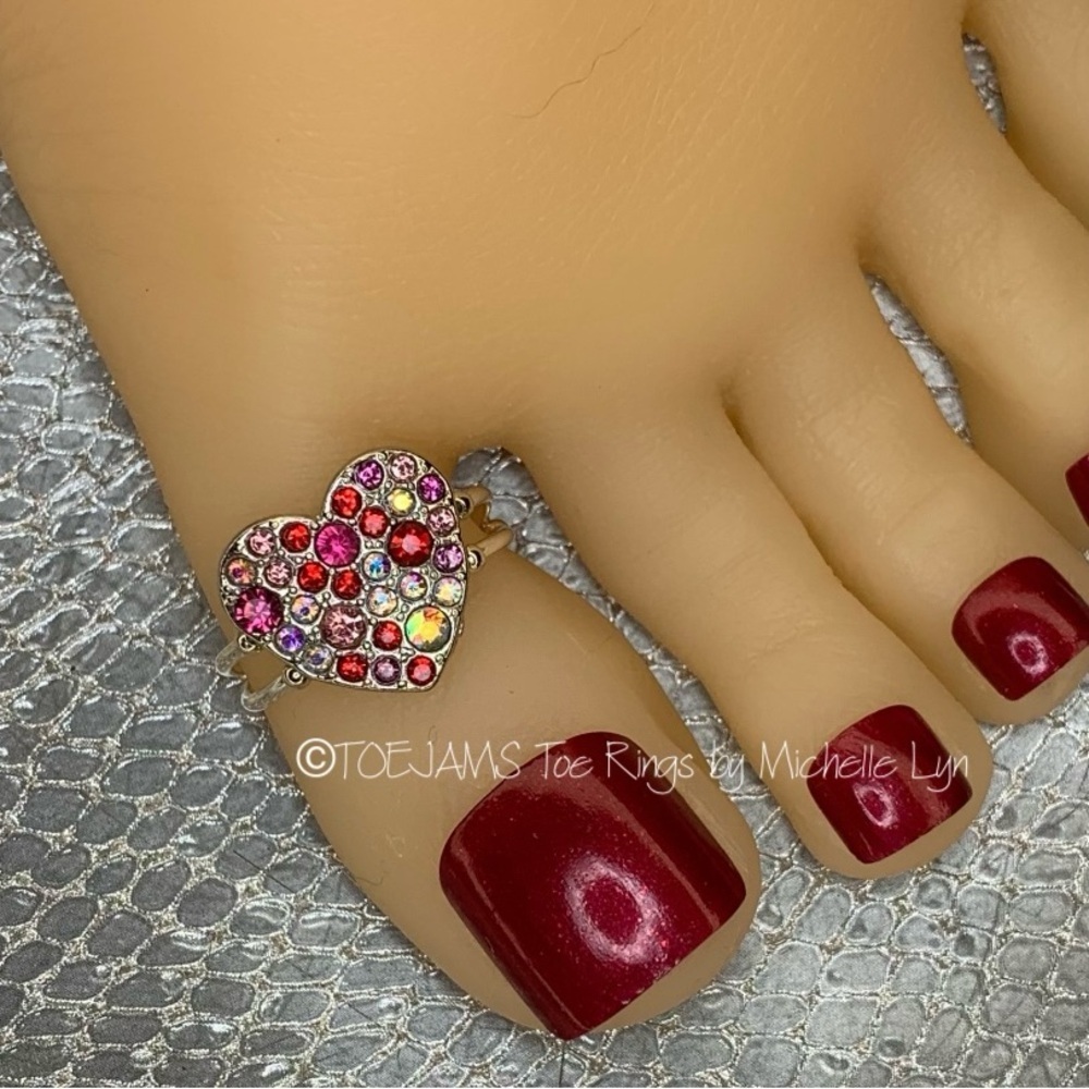 💝Big Toe Ring Custom Made Silver with Pink Red Clear Crystals Heart Custom Made